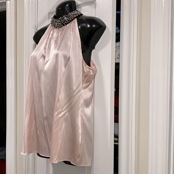 NWOT - Caché Pink Silk Sleeveless Halter Blouse Black Rhinestone Collar - Sz L* - Picture 7 of 15
